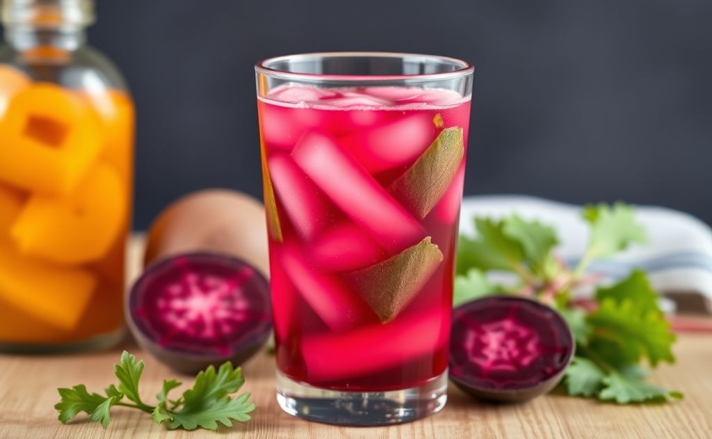 Pickled beet juice in a glass with vibrant colors