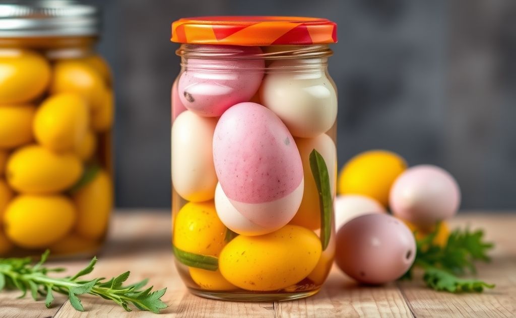 Pickled eggs in a jar with vibrant colors