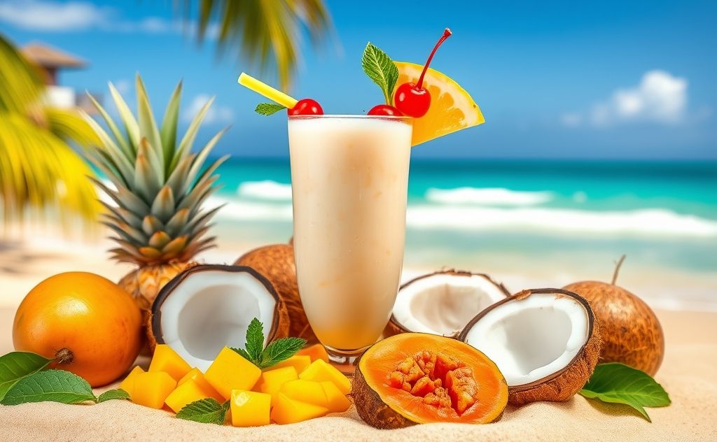 Pina colada drink with tropical fruits and coconut