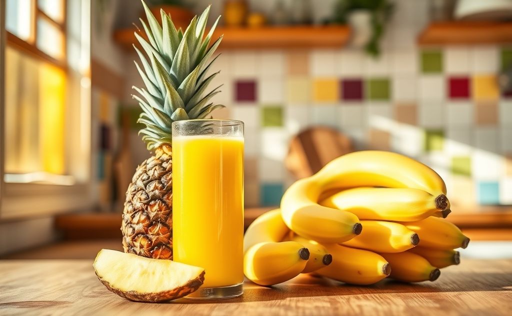 Pineapple juice and bananas in vibrant kitchen setting.