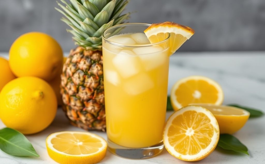 Pineapple juice in a glass with citrus fruits nearby