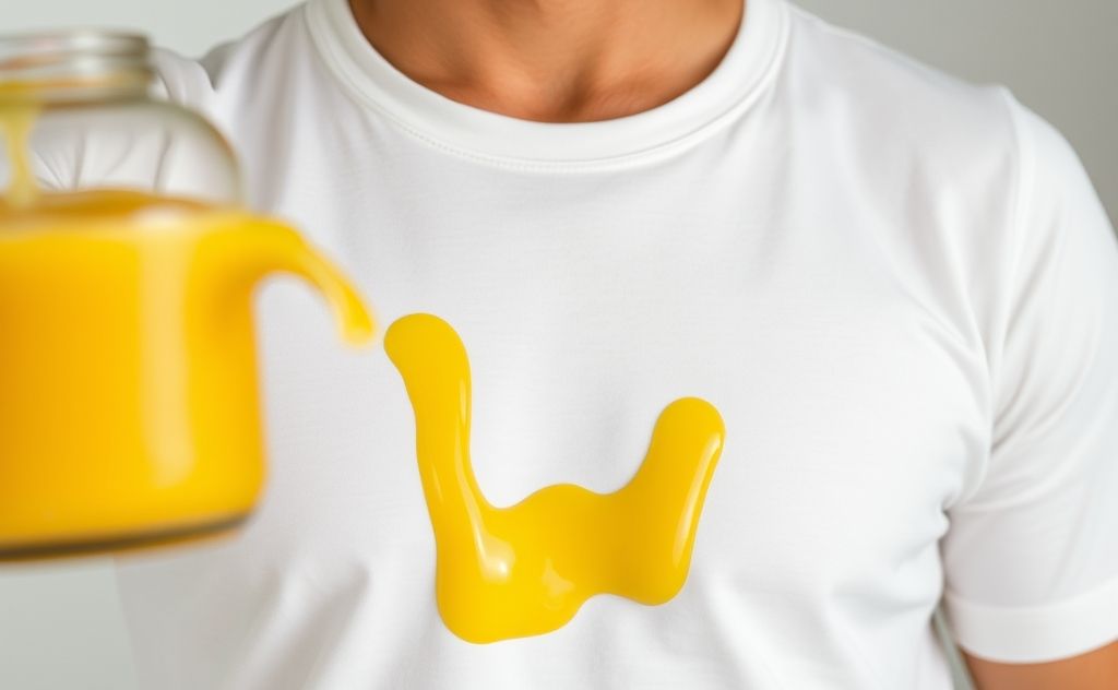Pineapple juice spills on a white shirt.