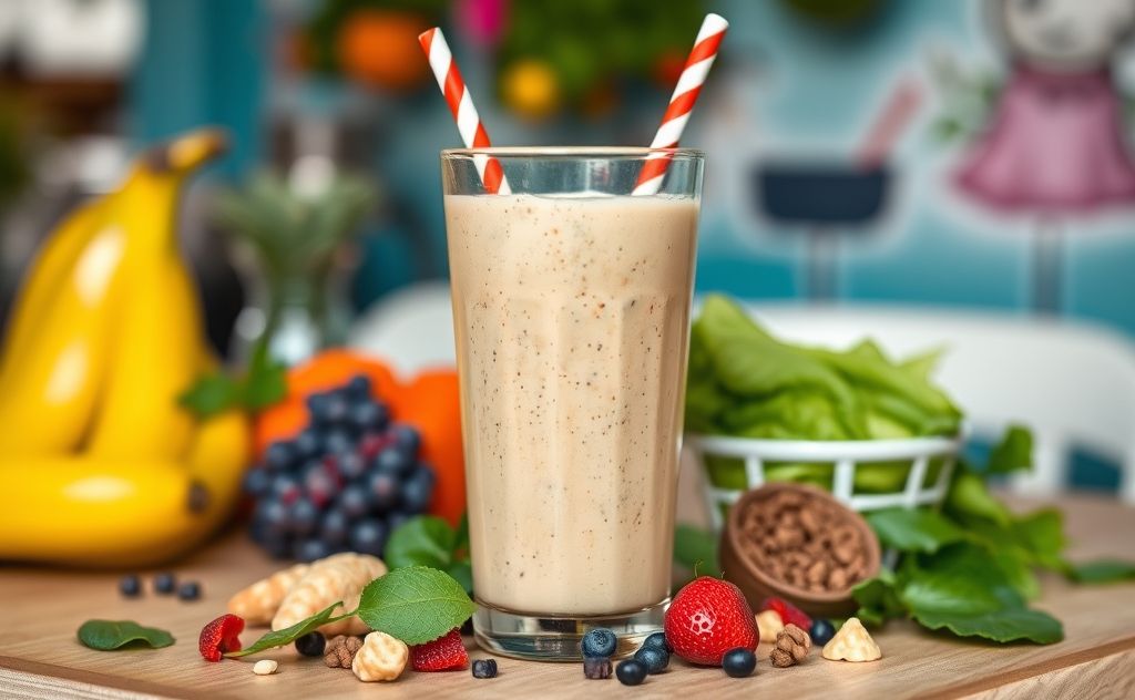 Plant-based protein shake in a vibrant setting