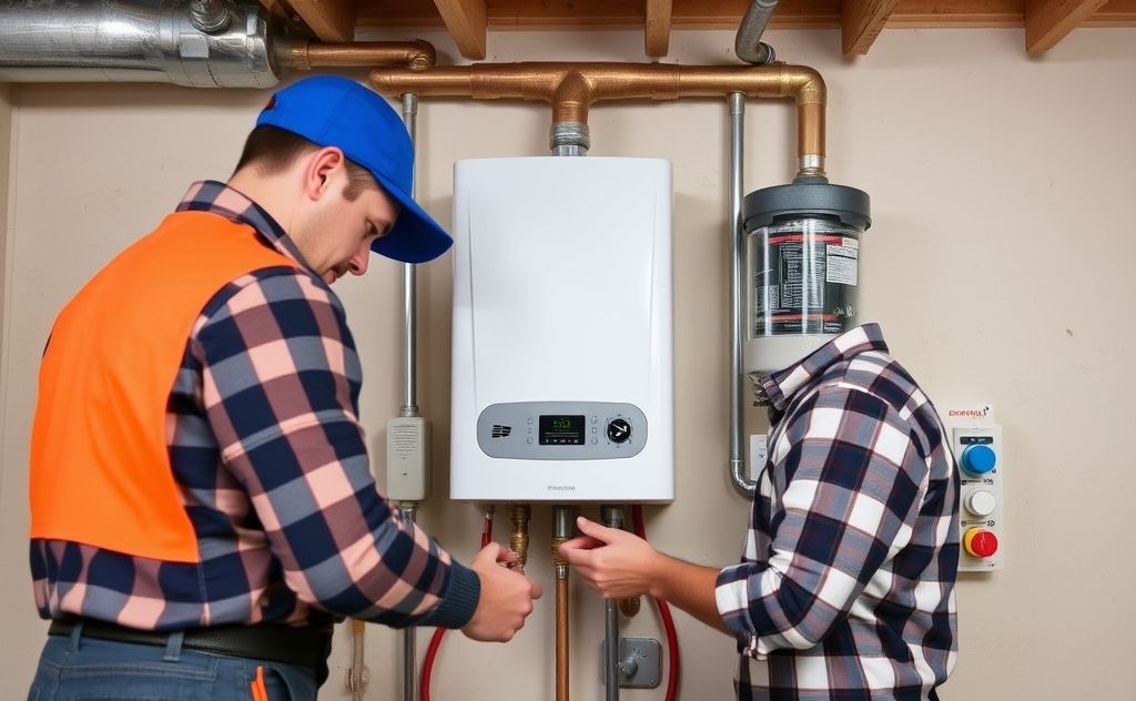 Plumber and electrician working on tankless water heater