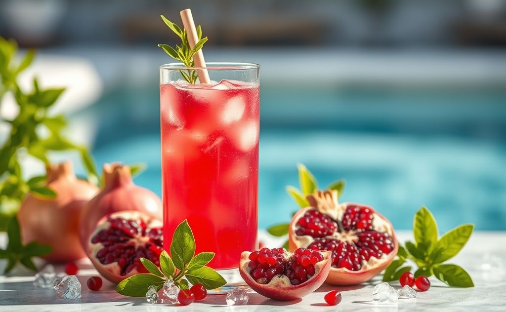 Pomegranate juice in a cool, refreshing setting