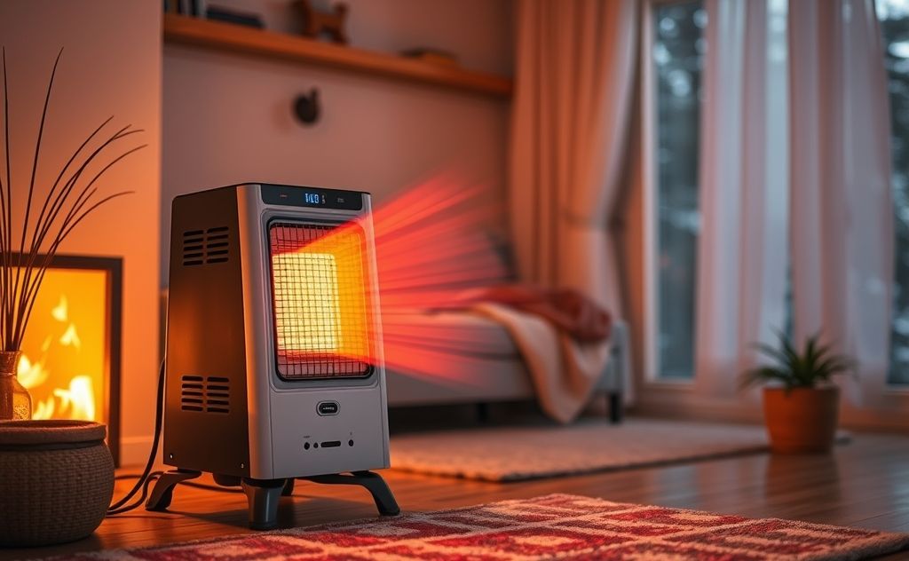 Portable gas heater safety indoors with warm, cozy atmosphere.