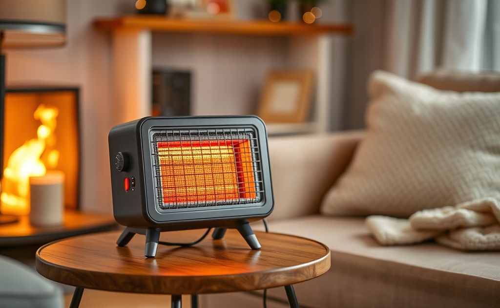 Portable heater on a table in a cozy room setting