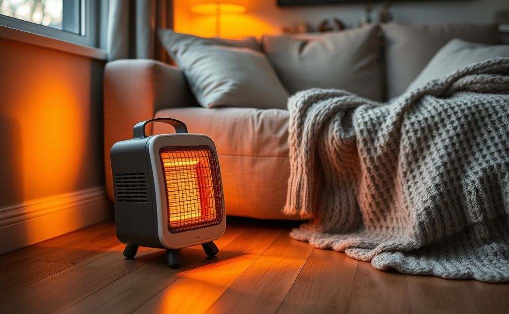 Portable heater providing warmth in cozy setting
