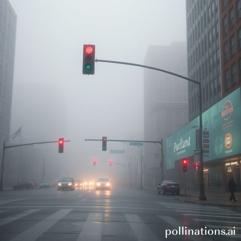 City street in Portland; foggy and uncertain atmosphere.