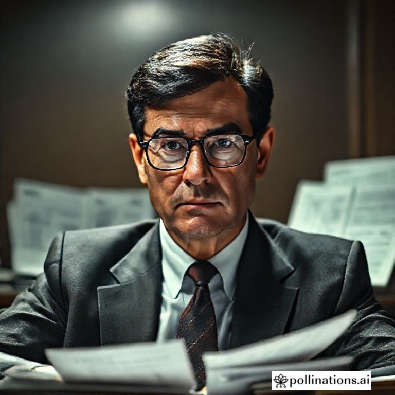 Retrato de Malik, o s&oacute;cio de Franz, com &oacute;culos finos e documentos de fal&ecirc;ncia na mesa