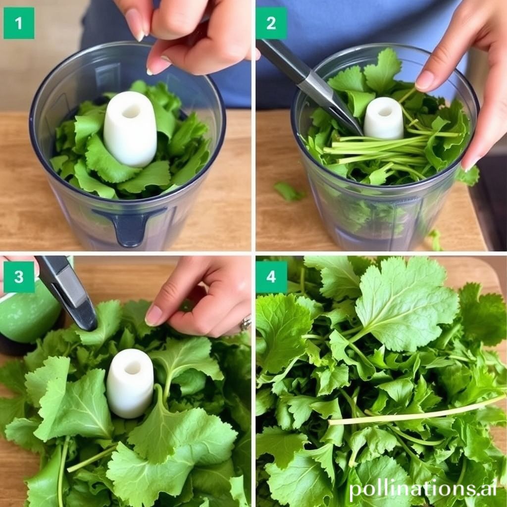 Preparing greens for juicing: Removing stems, chopping, and piling