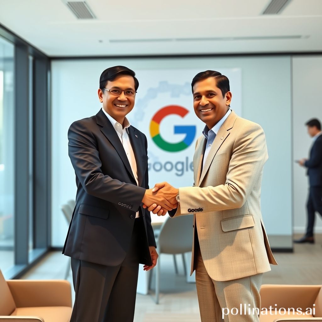 President Joko Widodo (wearing a dark suit) shaking hands with Sundar Pichai (wearing a light suit) in a bright, modern office setting. They are both smiling, with a subtle Google logo or tech-inspired background visible, symbolizing a strategic partnership discussion at Google Headquarters in Mountain View.