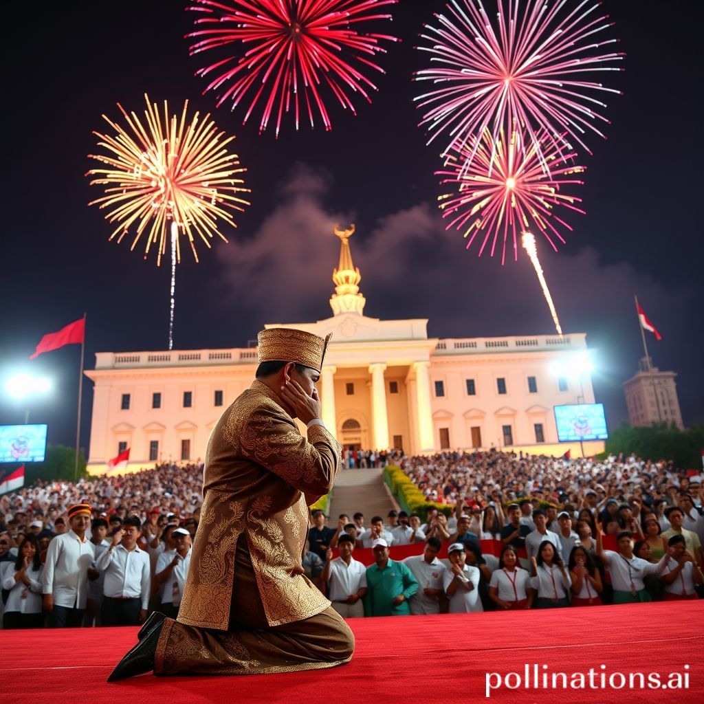 President Prabowo Subianto in a traditional Malay attire, respectfully kissing the Indonesian flag at Istana Merdeka during the 80th Independence Day ceremony. In the background, the grand Istana facade and a joyous crowd celebrating under a sky illuminated by festive fireworks over Monas, capturing a vibrant and historic national celebration.