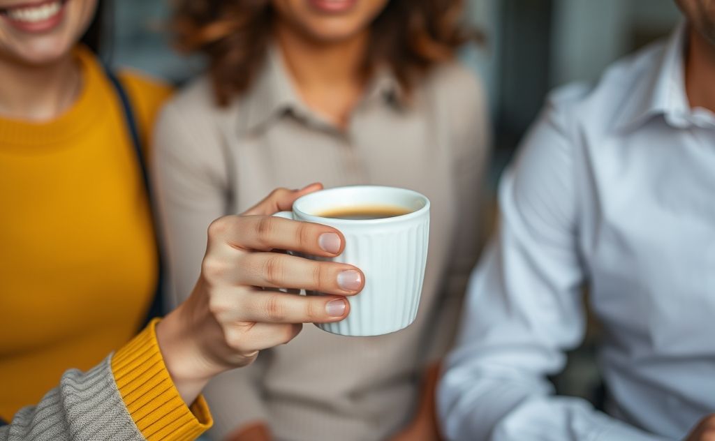 Productive people with coffee in hand, focused.