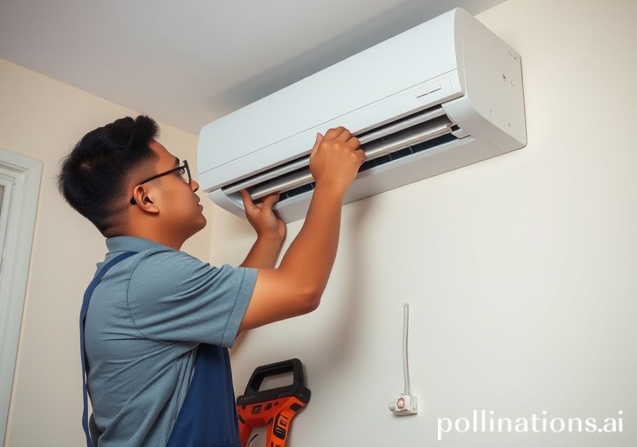 Teknisi profesional memasang unit AC split di Bandung, peralatan lengkap