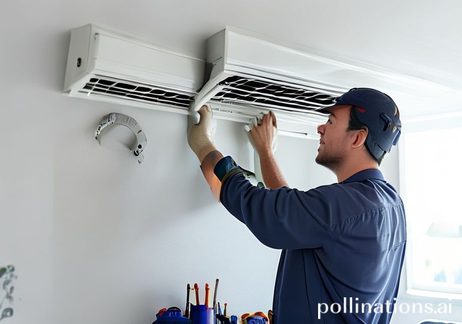 Teknisi profesional memasang unit AC split di dinding, alat lengkap