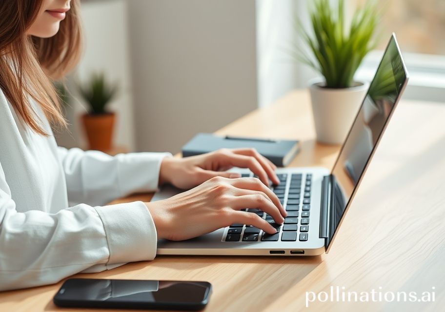 Penulis konten profesional bekerja di laptop, gaya clean minimal, pencahayaan natural