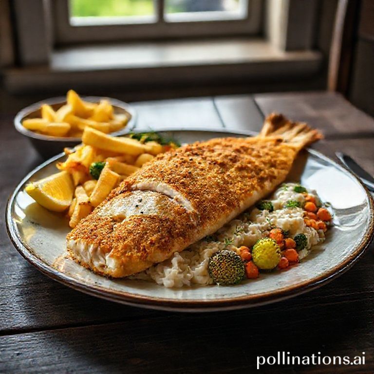 Knuspriger Pankokarpfen mit Kartoffelspalten und Gemüse