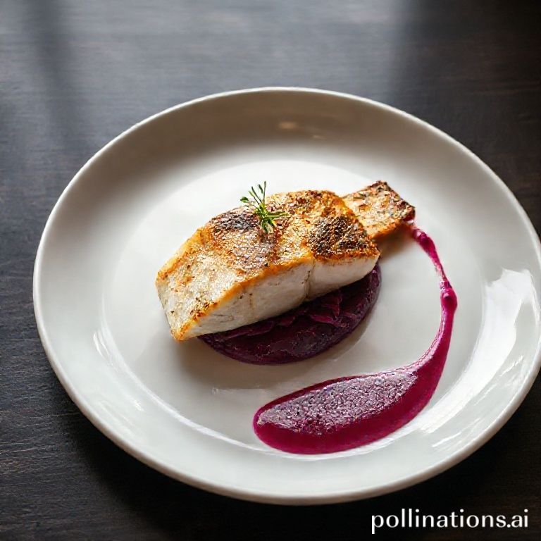 Gebratener Wolfsbarsch auf leuchtendem Rotkrautpüree