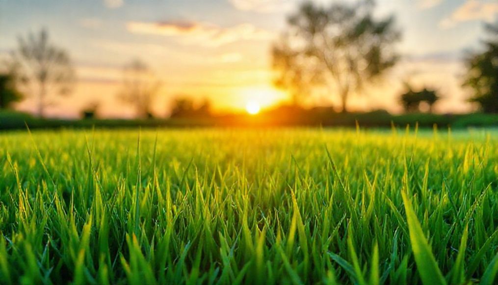 lush green grass with a beautiful sunset