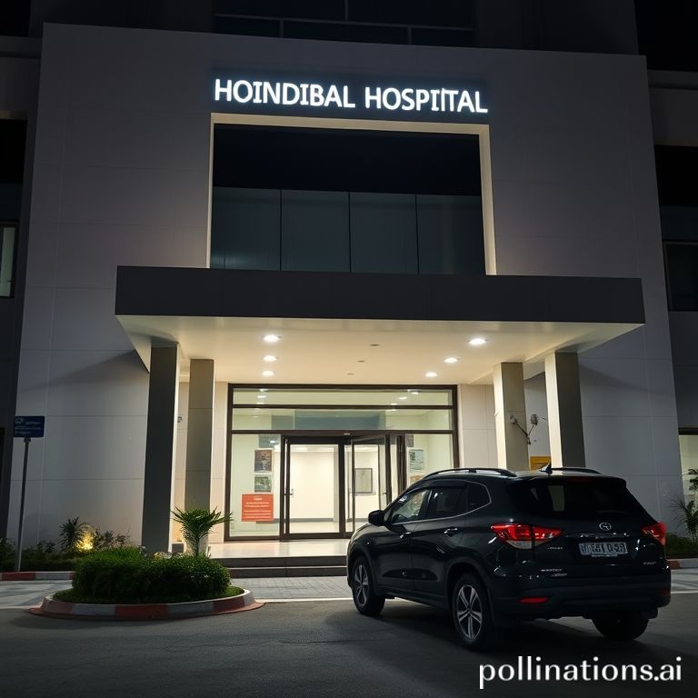 Night-time exterior of a modern hospital entrance with soft lighting and a parked SUV, in a photojournalistic style.