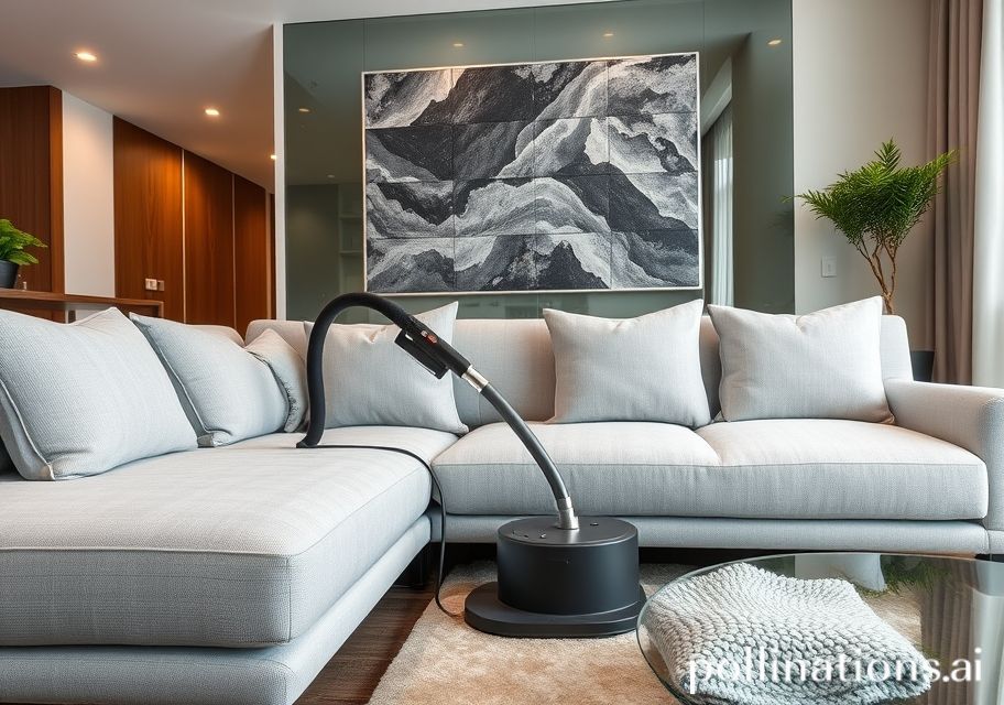 Teknisi membersihkan sofa dengan mesin ekstraksi uap di apartemen modern Jakarta