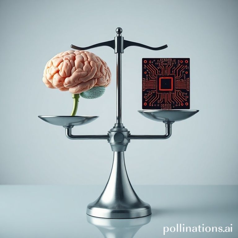A balanced scale with a human brain on one side and a circuit board on the other, representing AI ethics.