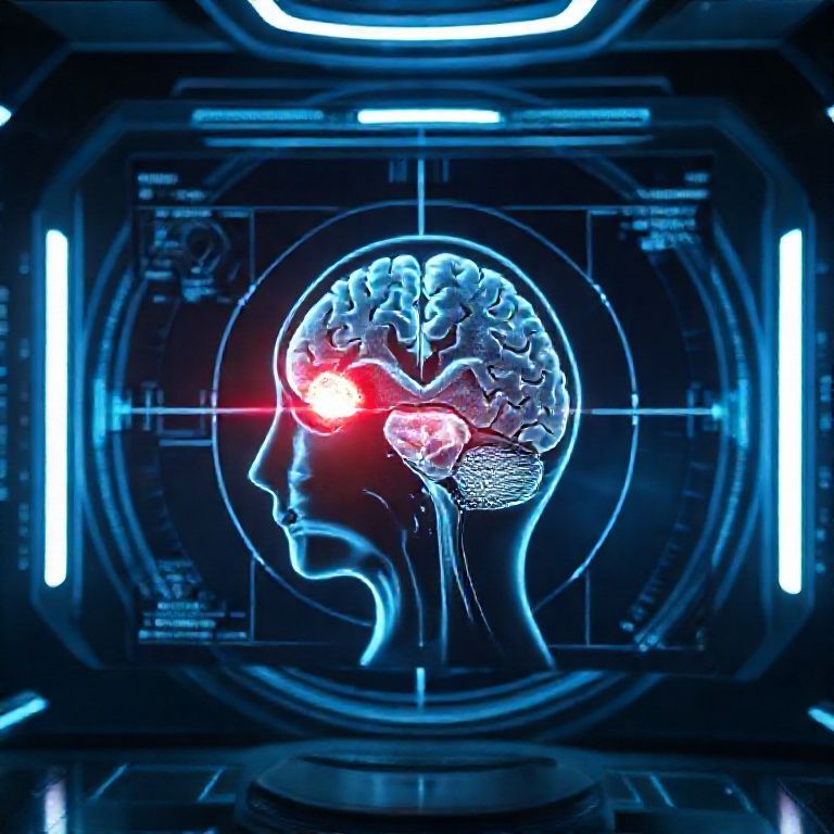 A futuristic medical interface shows an AI analyzing a brain MRI scan, highlighting a potential tumor for a radiologist's review.