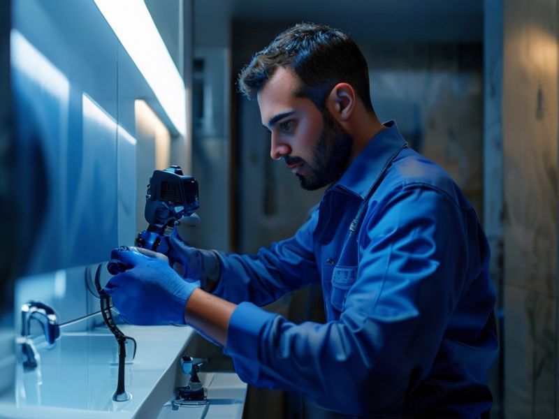 فني كشف تسربات المياه يستخدم أجهزة حديثة