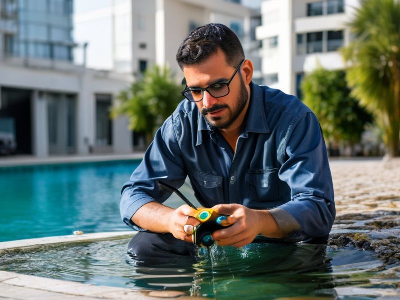 فني متخصص يستخدم أجهزة كشف التسربات الحديثة بجوار المسبح