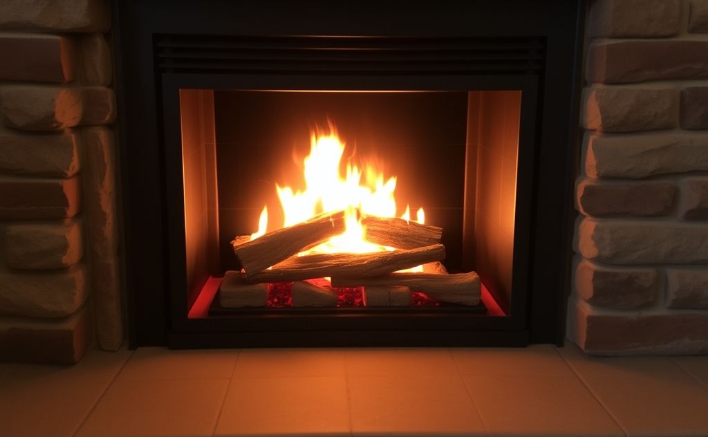 Propane fireplace with warm glow and cozy ambiance.