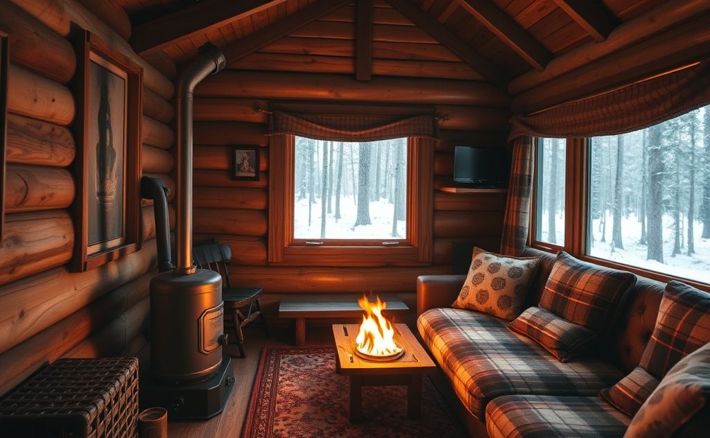 Propane heater warming cozy cabin interior