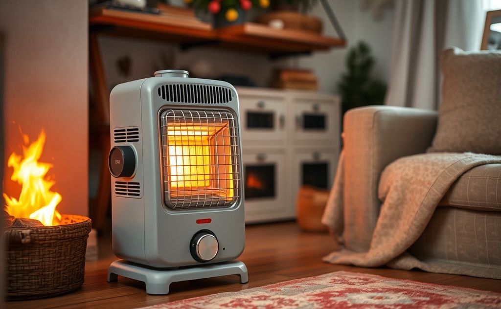Propane space heater in a cozy home setting