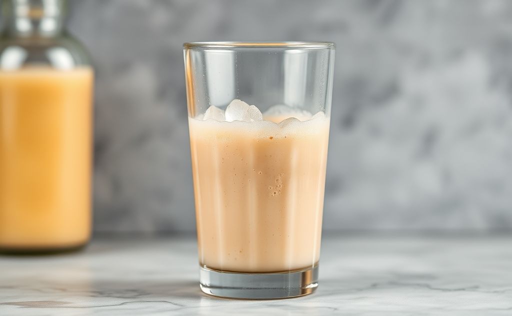 Protein shake bubbles forming in a glass