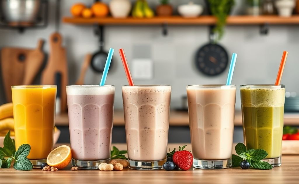 Protein shake flavors in a vibrant kitchen setting