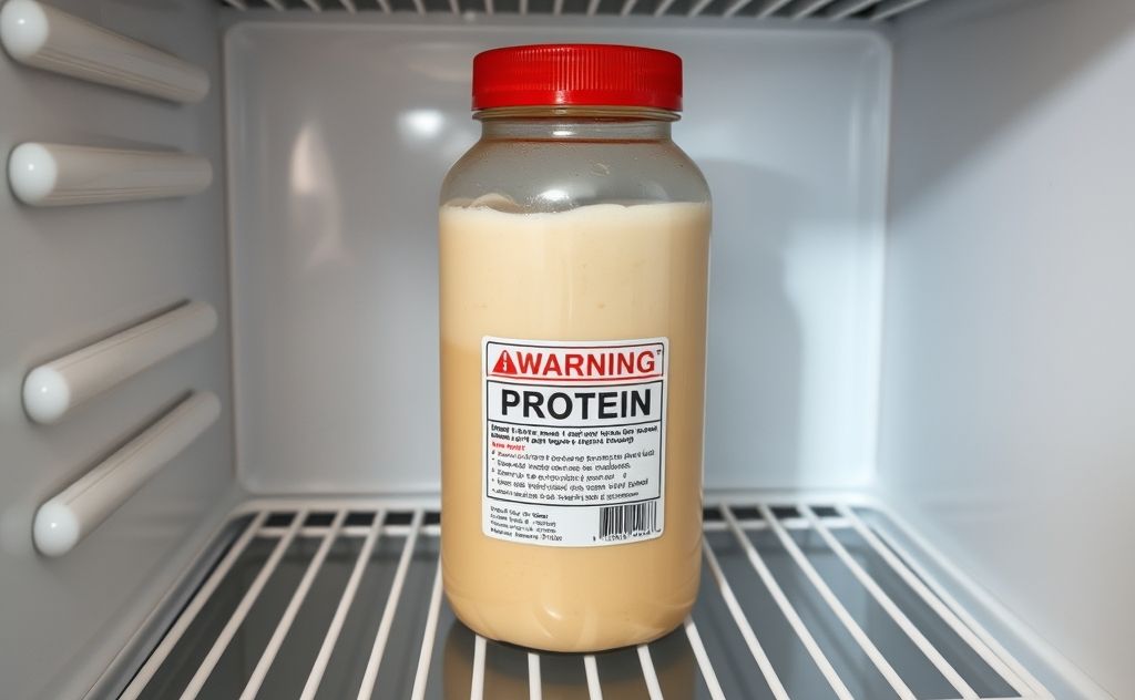 Protein shake in a fridge with a warning label