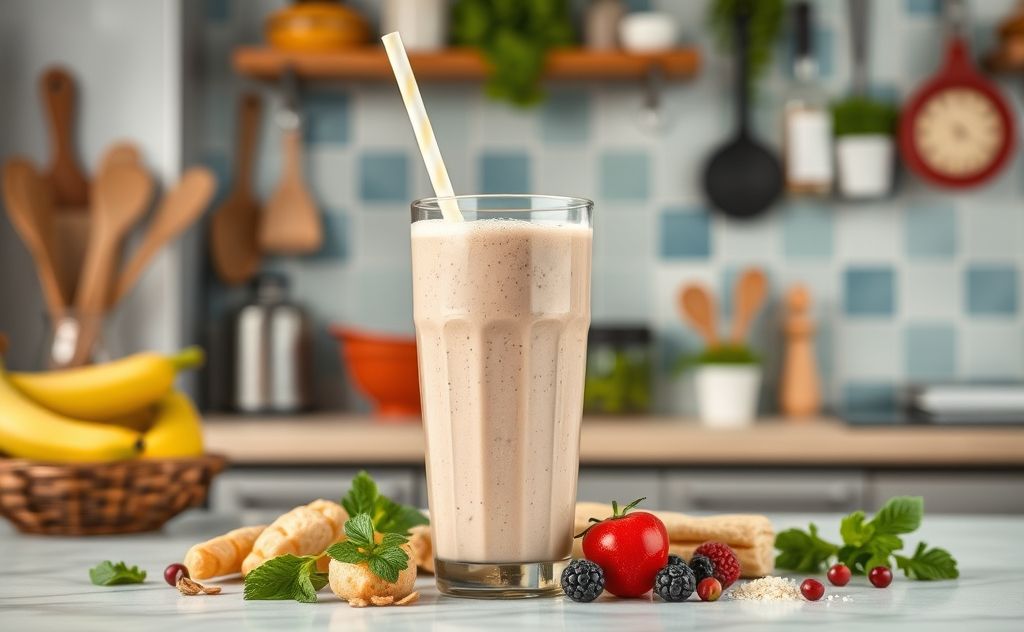 Protein shake in a vibrant kitchen setting