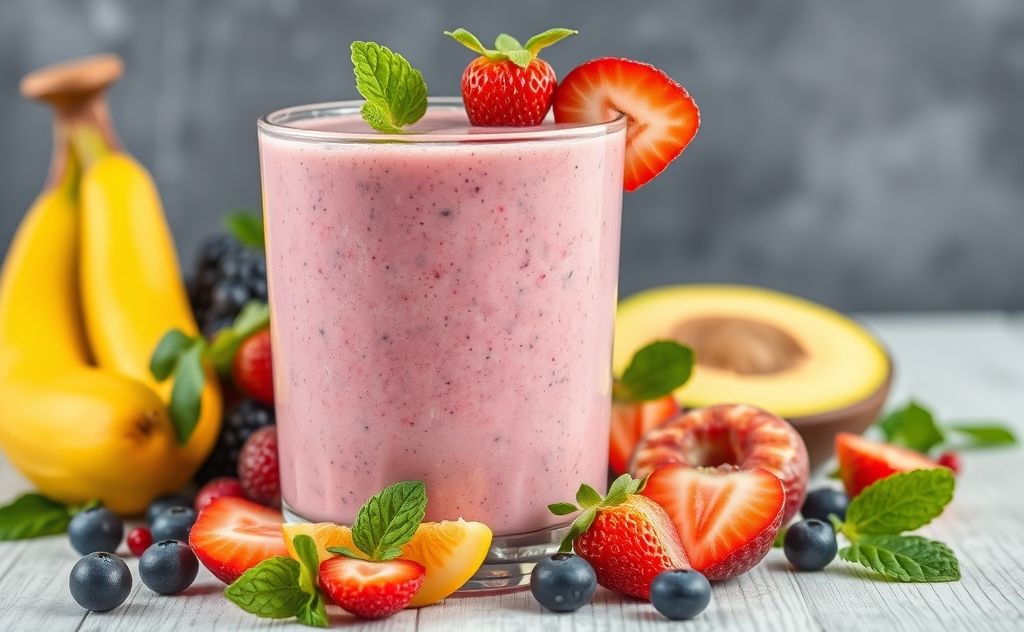 Protein smoothie with vibrant fruits and ingredients