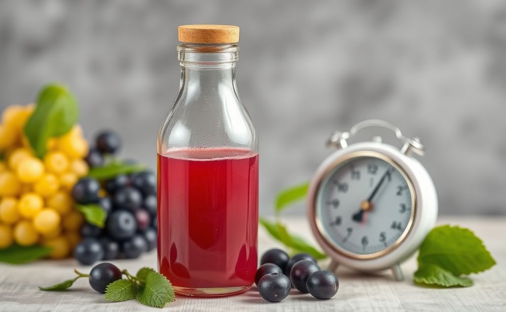 Prune juice in a bottle with a timer beside it