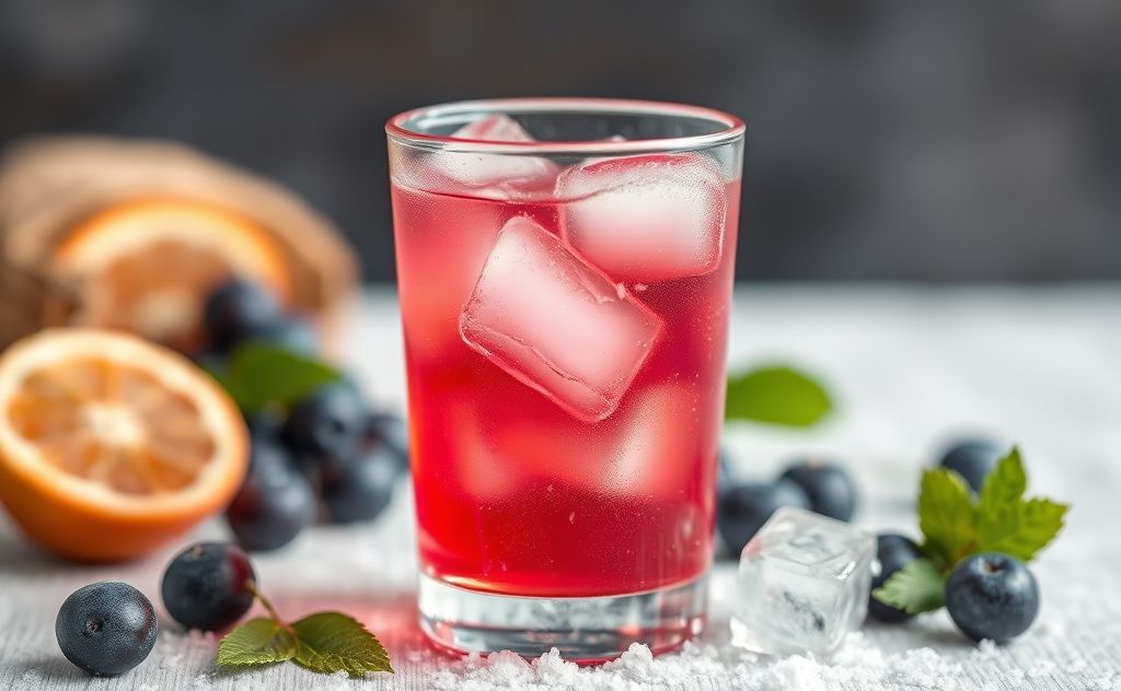 Prune juice in a frosty glass with ice cubes