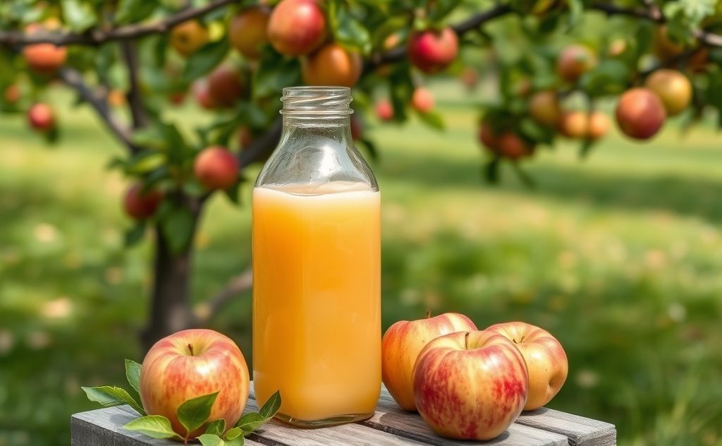 Pure pressed apple juice in a fresh orchard setting