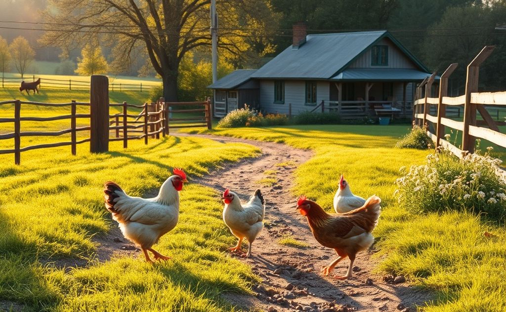 Quiet chickens in peaceful farm setting