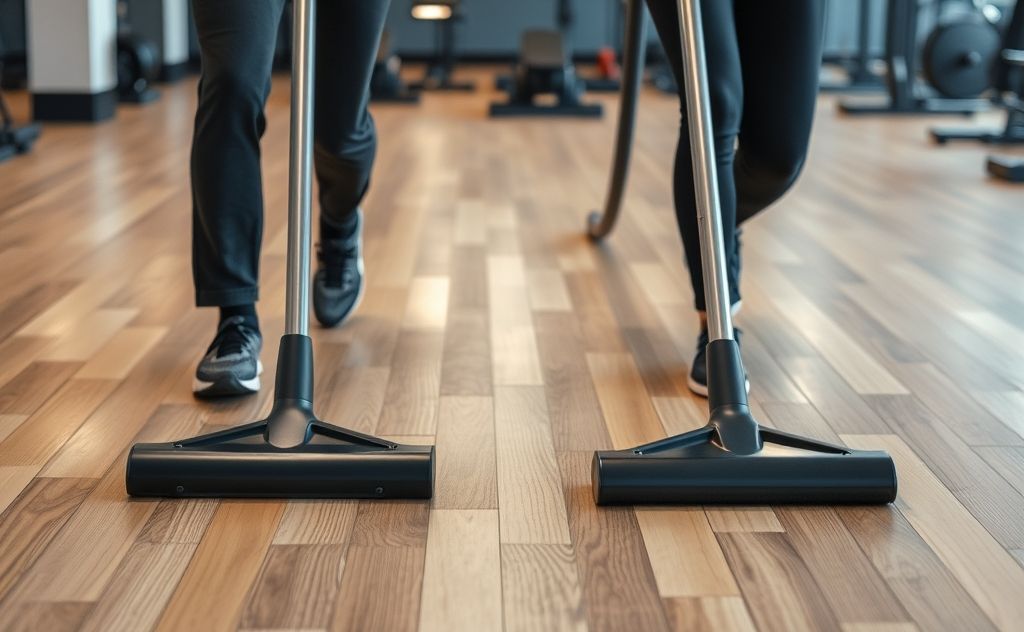Quiet gym floor vacuums in action during workout.