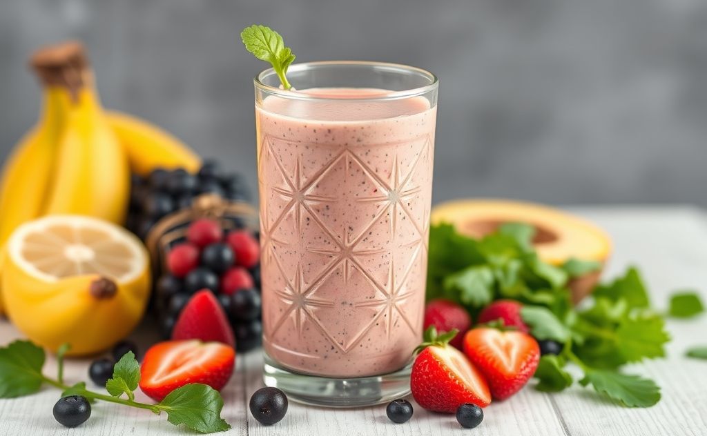 Quinoa smoothie with fresh fruits and greens