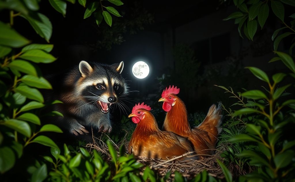 Raccoon attacking chicken in the night garden