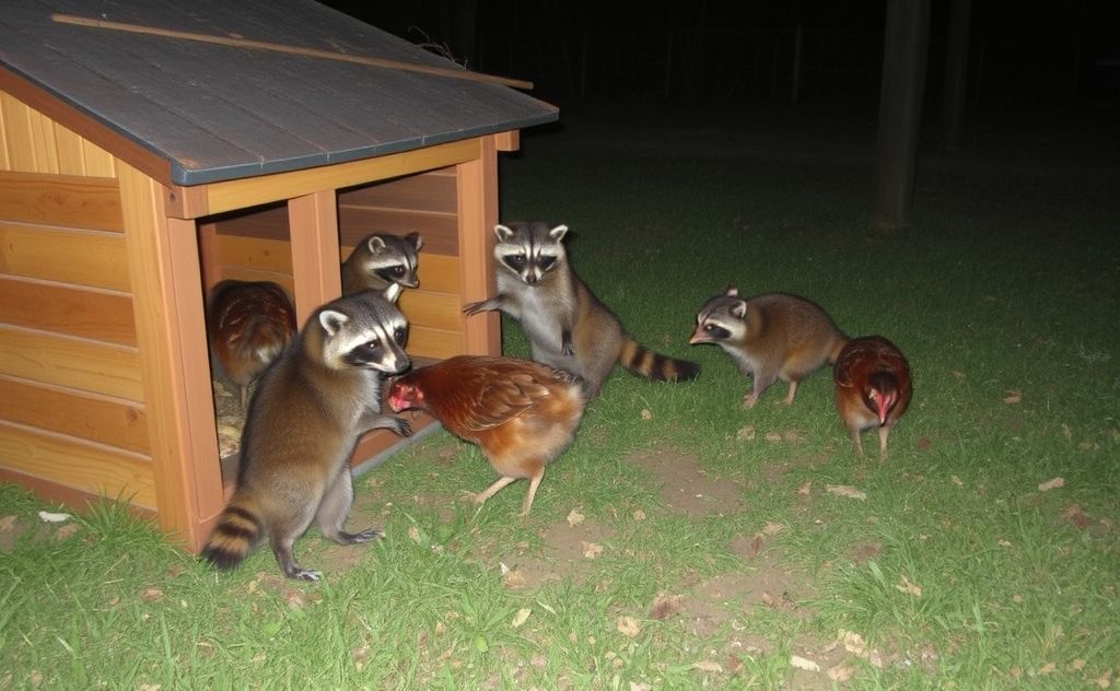 Raccoons attacking a chicken coop at night