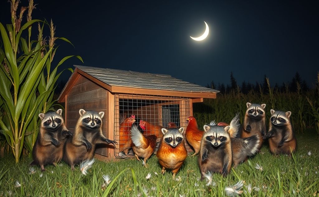 Raccoons attacking chickens at night in a farm setting