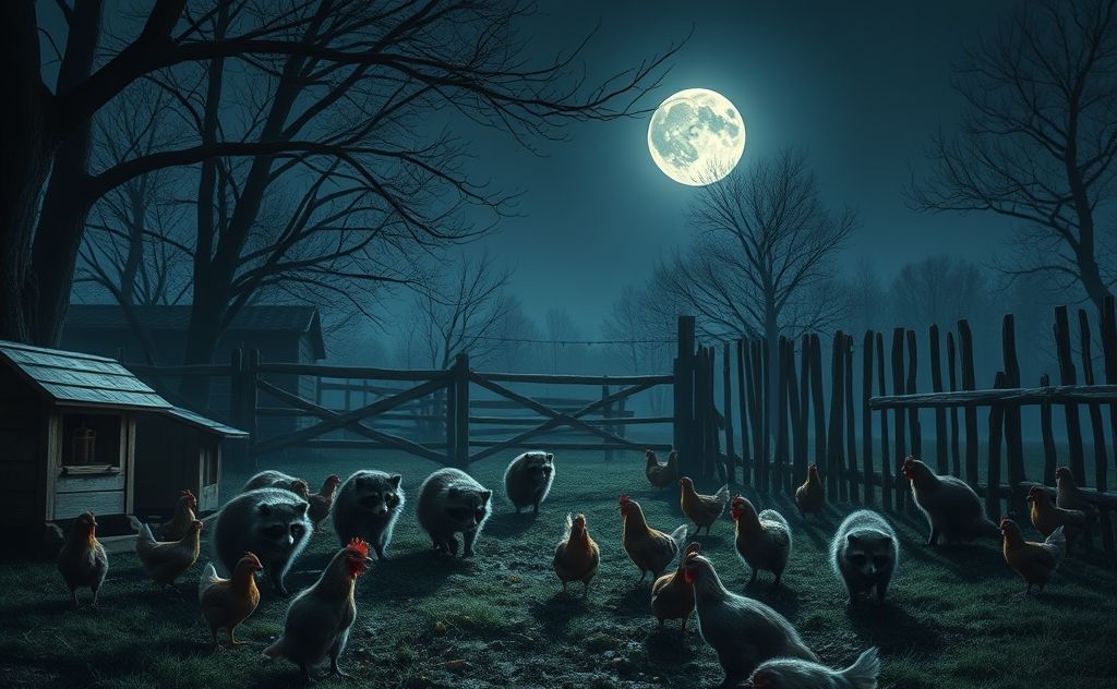 Raccoons hunting chickens in the moonlight