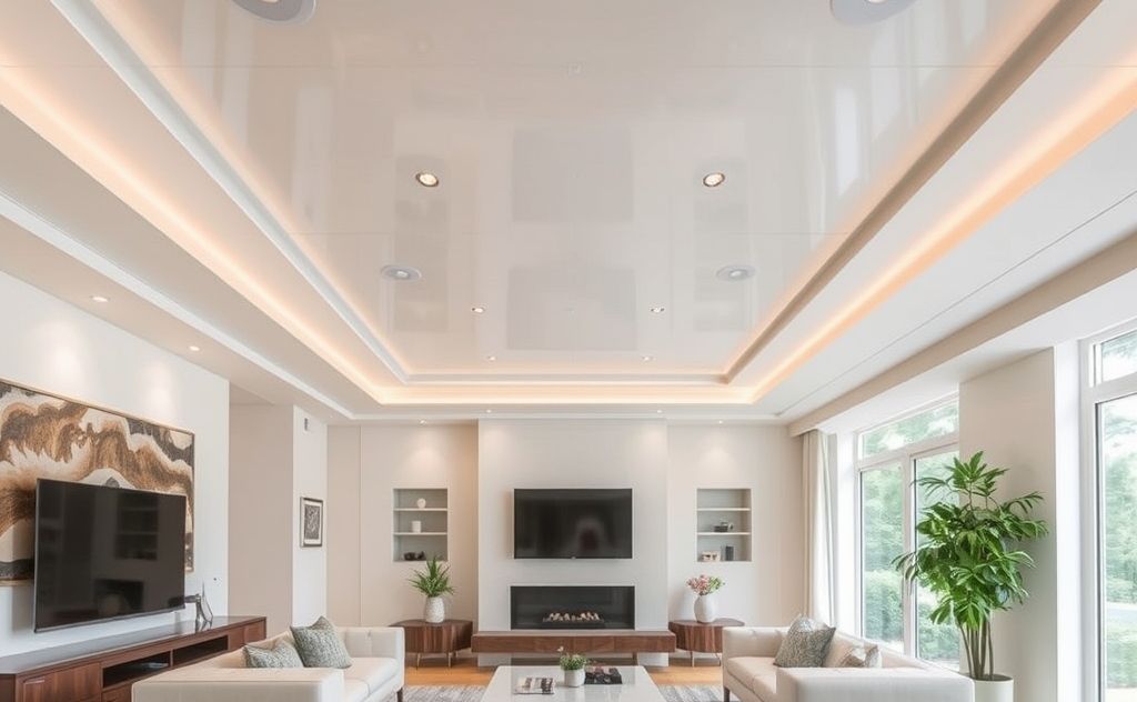 Radiant ceiling panels in a modern living space, showcasing pros and cons.