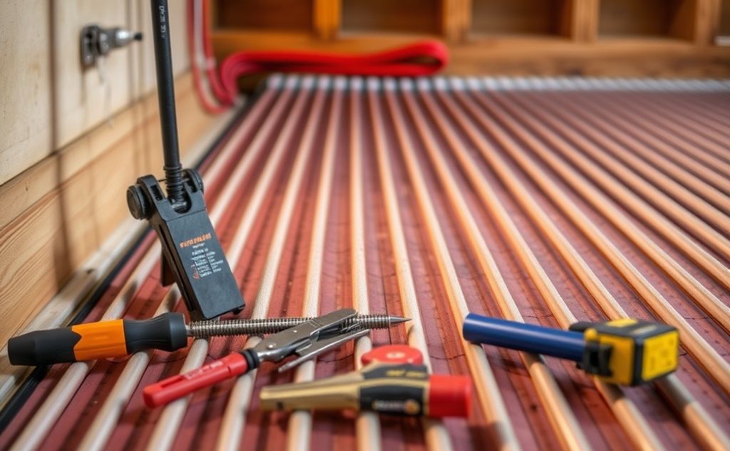 Radiant heating system troubleshooting with tools and a warm home setting.